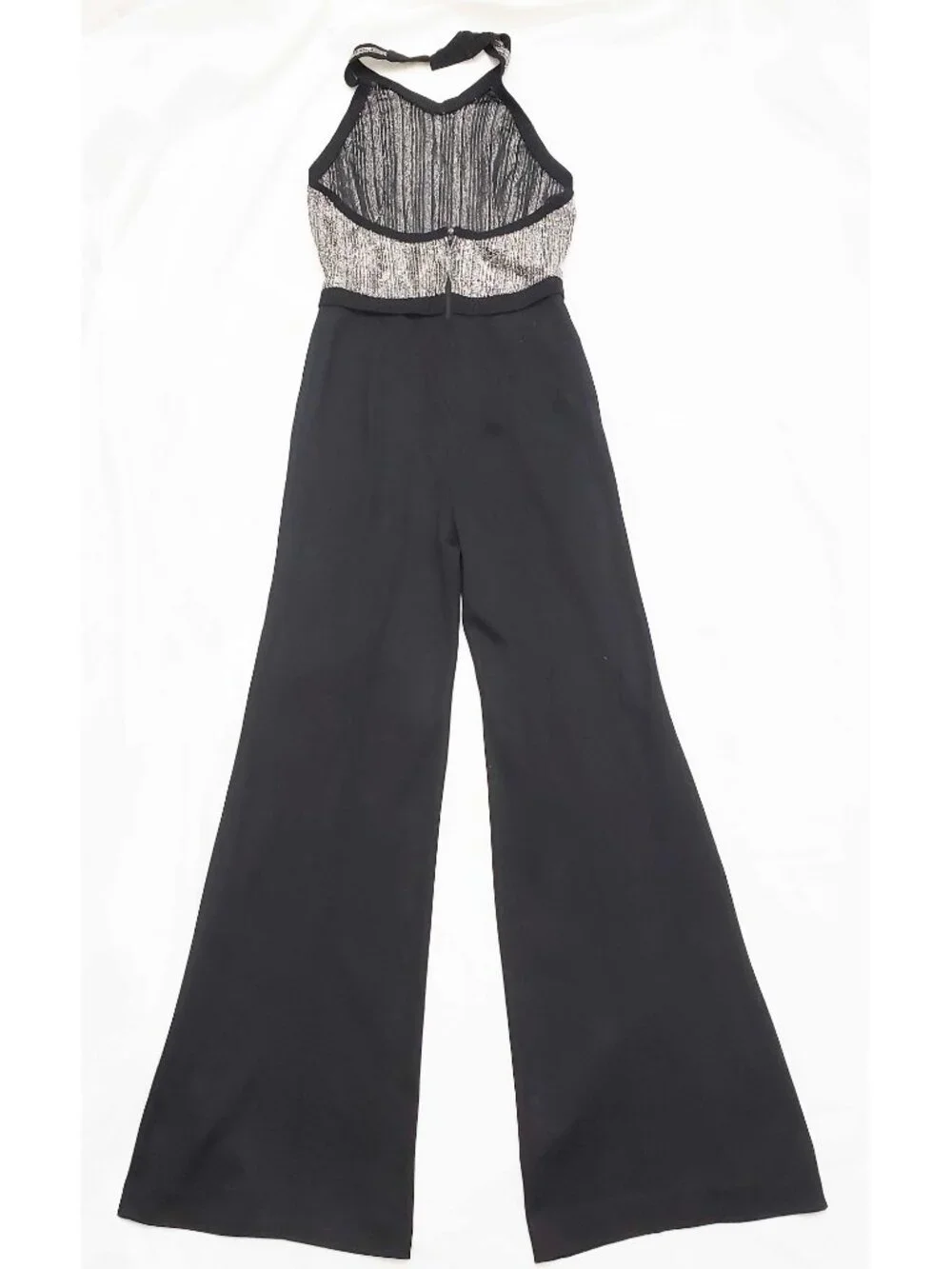 1970s Vintage Womens Disco Silver Metallic Black Bell Bottom Halter Top Jumpsuit